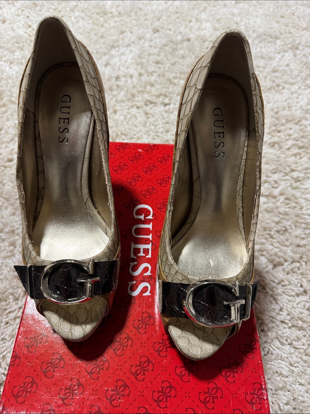 GUESS Cream Croc-Embossed Peep-Toe Heels with Silver Buckle